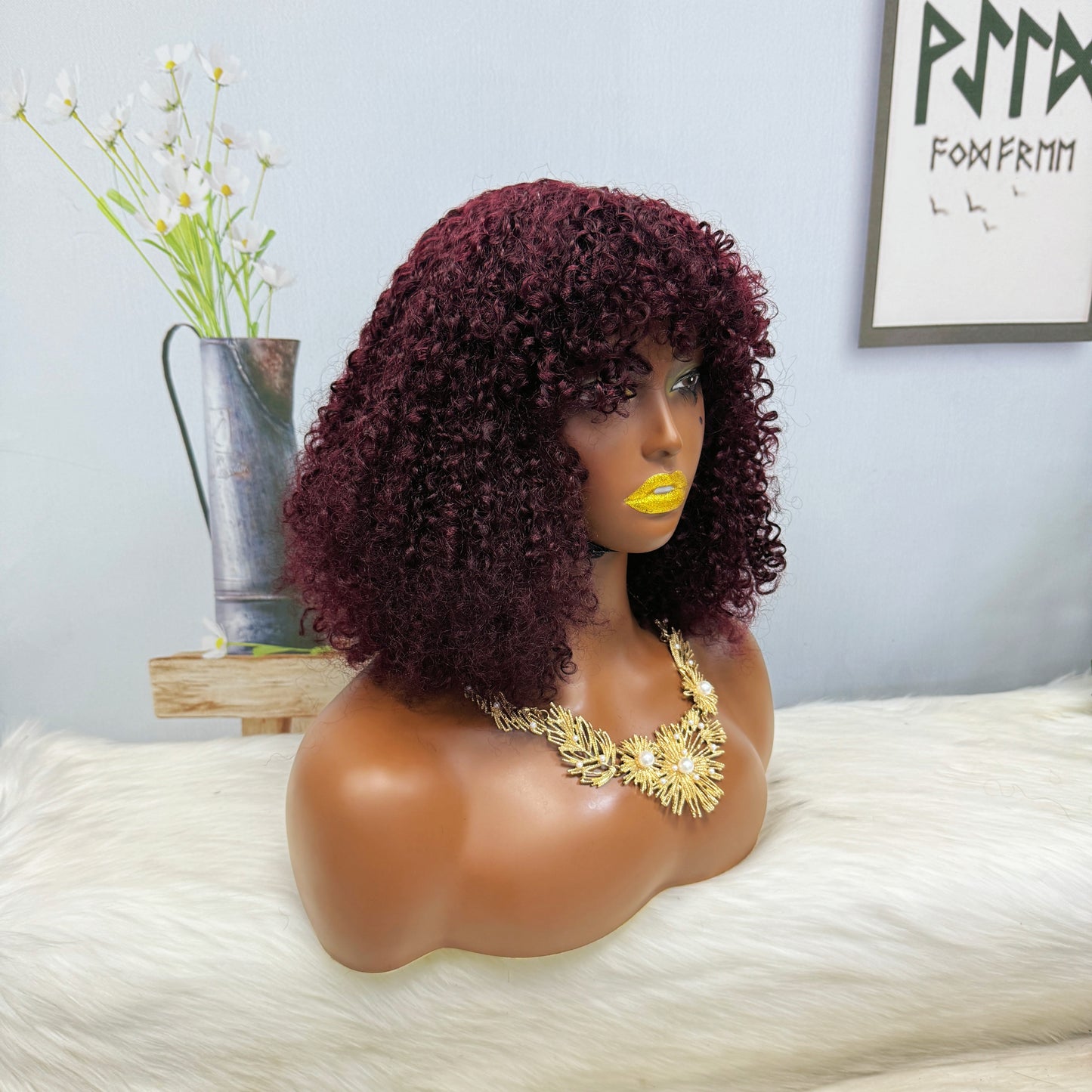 Fringe Double Drawn Wig Human Hair Pixie Curl Wigs 300% Density 12inches Color 99J