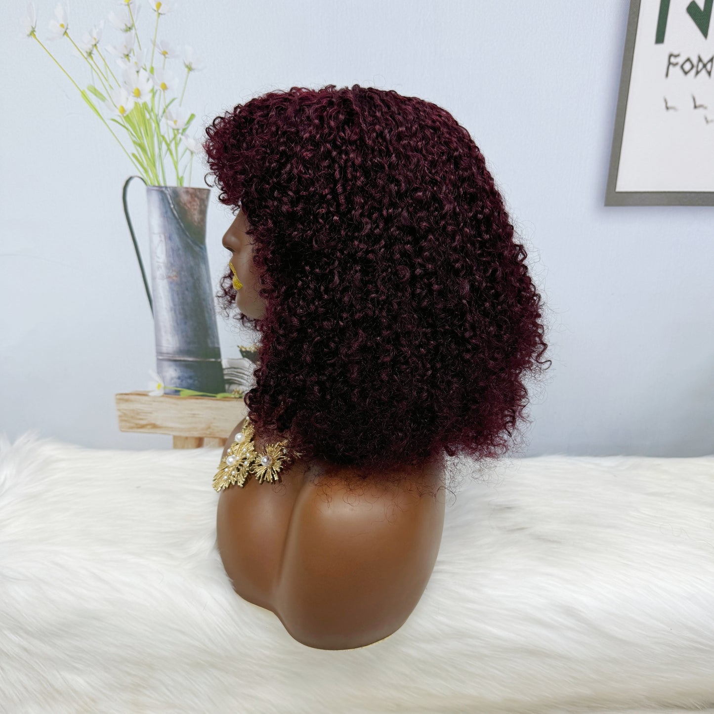 Fringe Double Drawn Wig Human Hair Pixie Curl Wigs 300% Density 12inches Color 99J