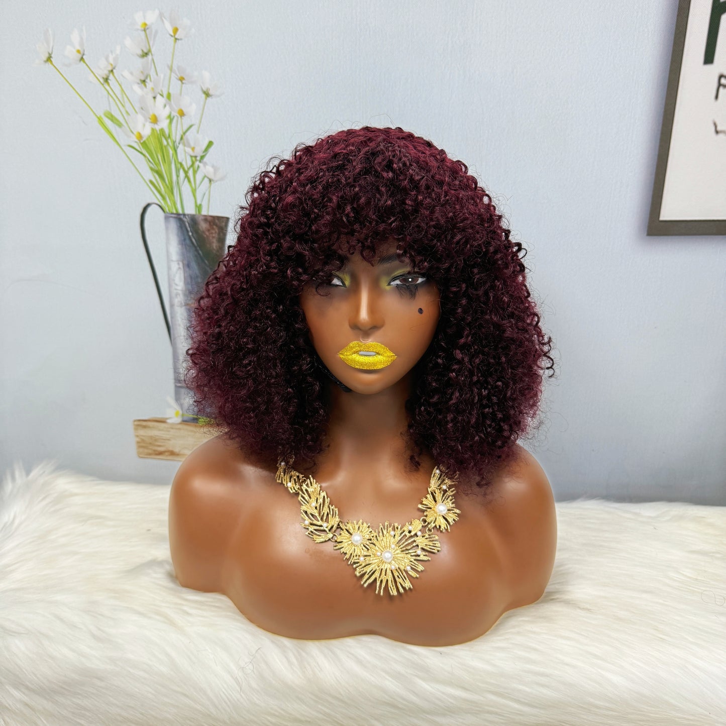 Fringe Double Drawn Wig Human Hair Pixie Curl Wigs 300% Density 12inches Color 99J