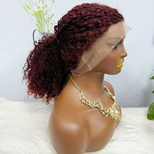 Doube Drawn 360 Glueless Lace Wig Pixie Curl Human Hair Wigs 20inch Wine Color 99J