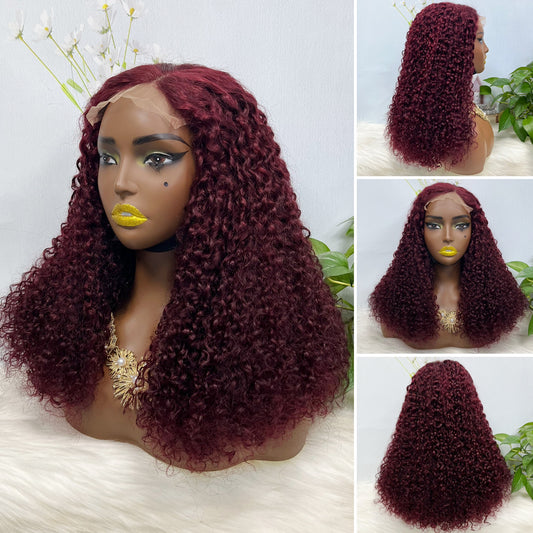 Double Drawn 5x5 Glueless Wig Pixie Curl Natural Human Hair Lace Wigs Wine Color 99J 20inch