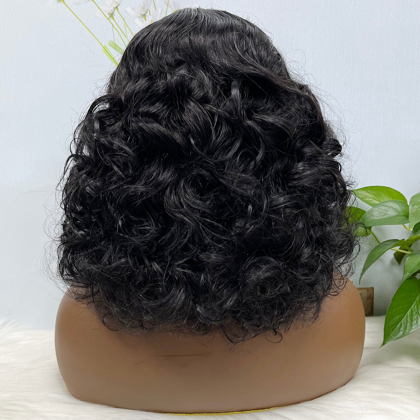 Fringe Double Drawn Human Hair Wig Fumi Curl Natural Color Wigs 14inch