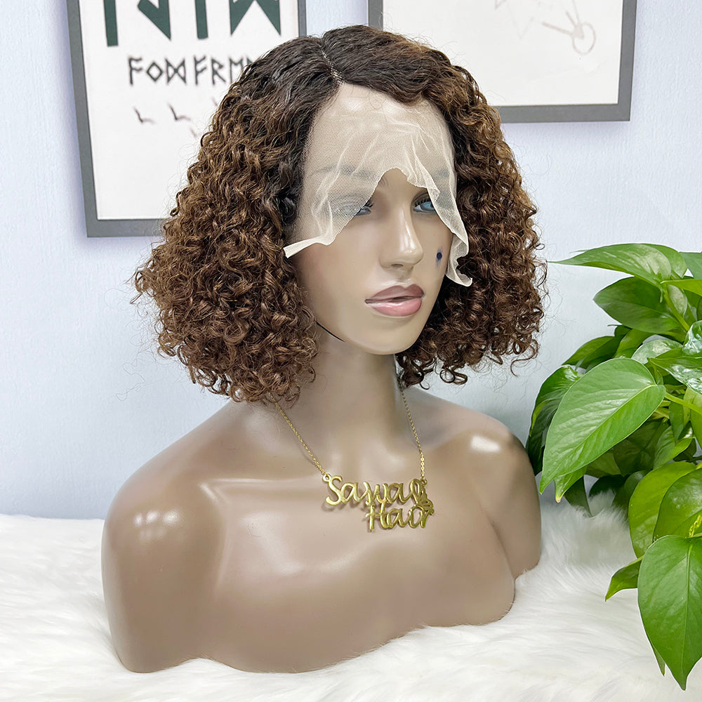 DD T Lace Wig Pixie Curl perruques de cheveux humains naturels 14 pouces couleur T1B/4