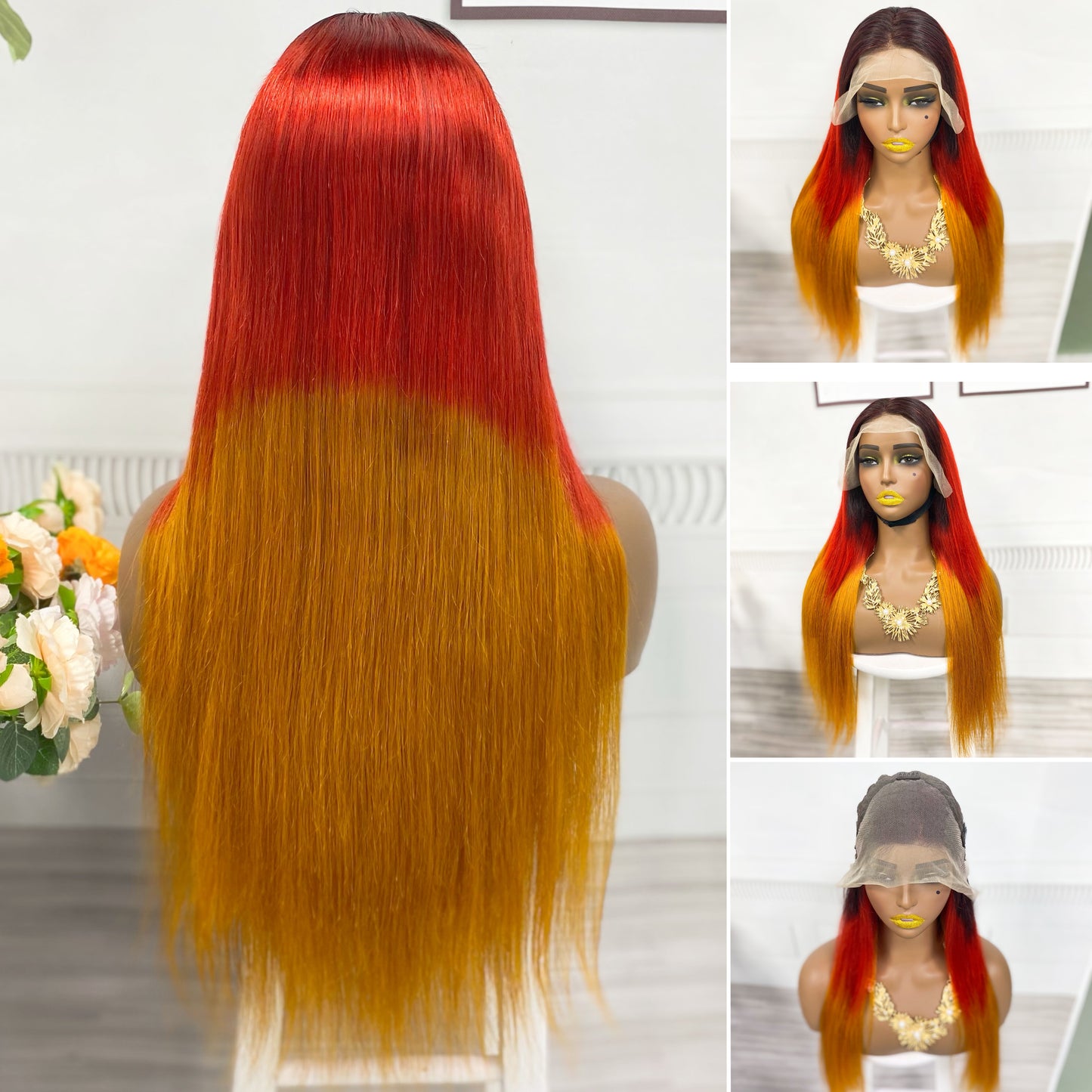 Perruque Lace Wig naturelle lisse, cheveux humains, couleur 1B/rouge/Orange, densité 250%, 13*4