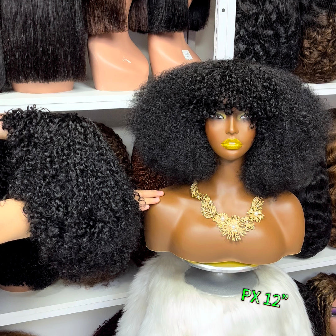 Fringe Double Drawn Wig Human Hair Pixie Curl Wigs 300% Density 16" Brown Color 4#