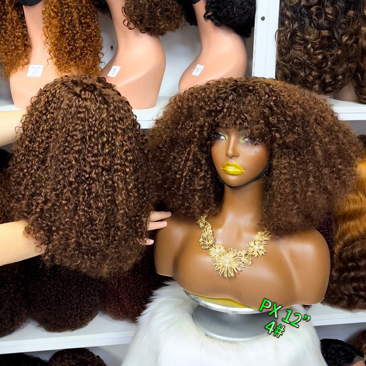 Fringe Double Drawn Wig Human Hair Pixie Curl Wigs 300% Density 16" Ombre Color T4/30/4