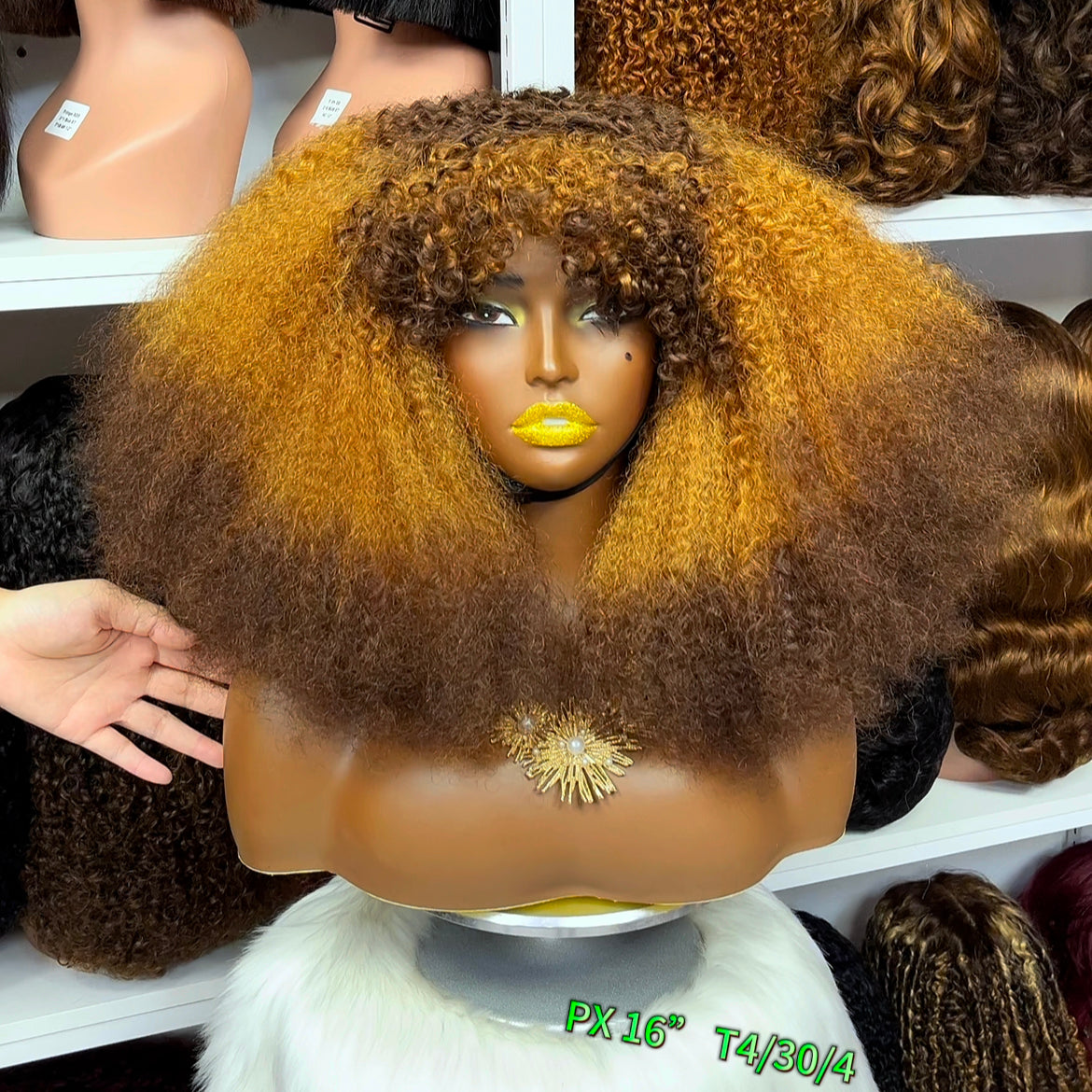 Fringe Double Drawn Wig Human Hair Pixie Curl Wigs 300% Density 12" Ombre Color T4/30/4