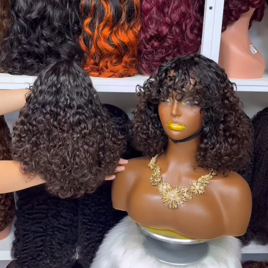 Fringe Double Drawn Wig Water Wave Machine Human Hair Wigs Brown Color 4#