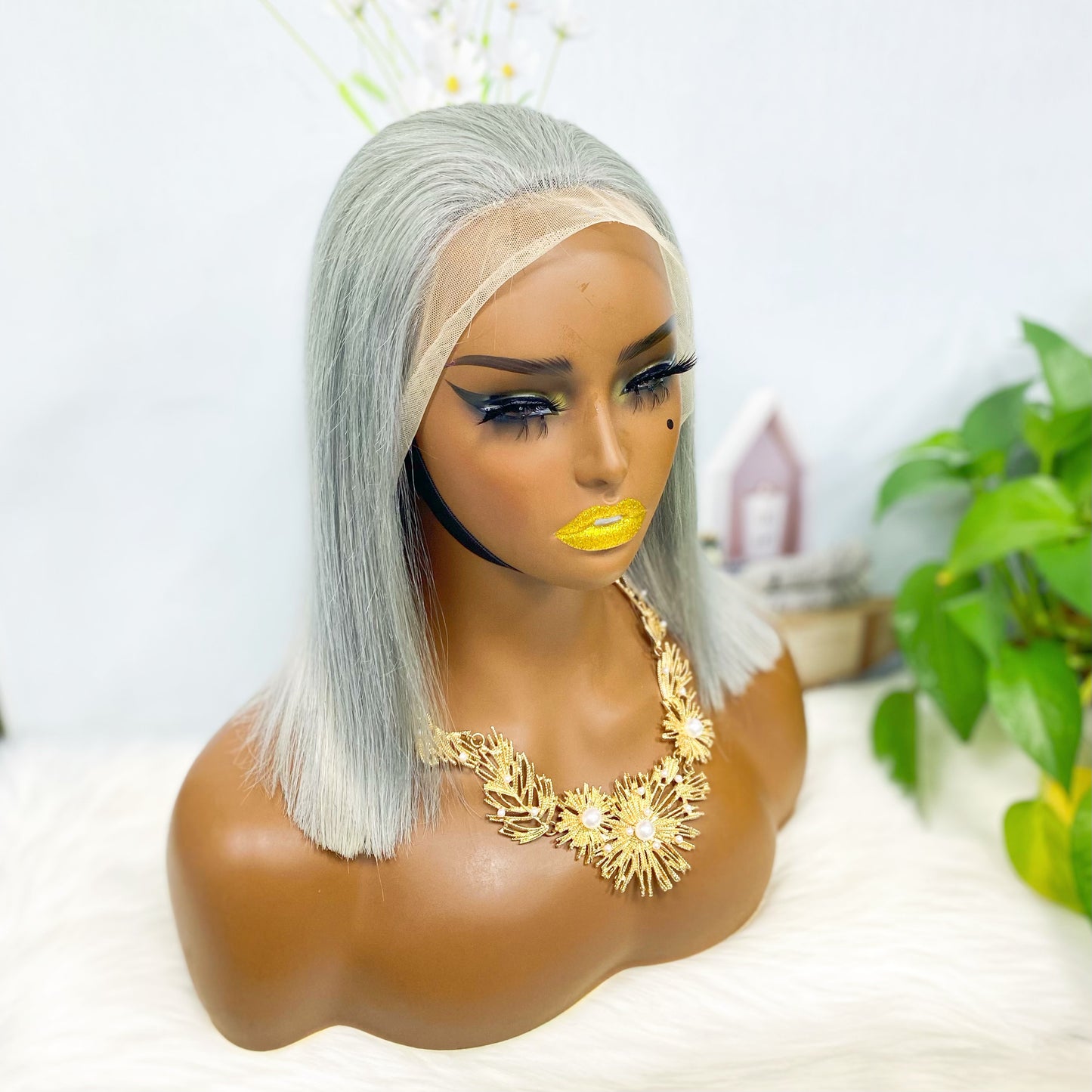 13*4 BoB Wig Perruques droites Couleur Gris Densité 200%