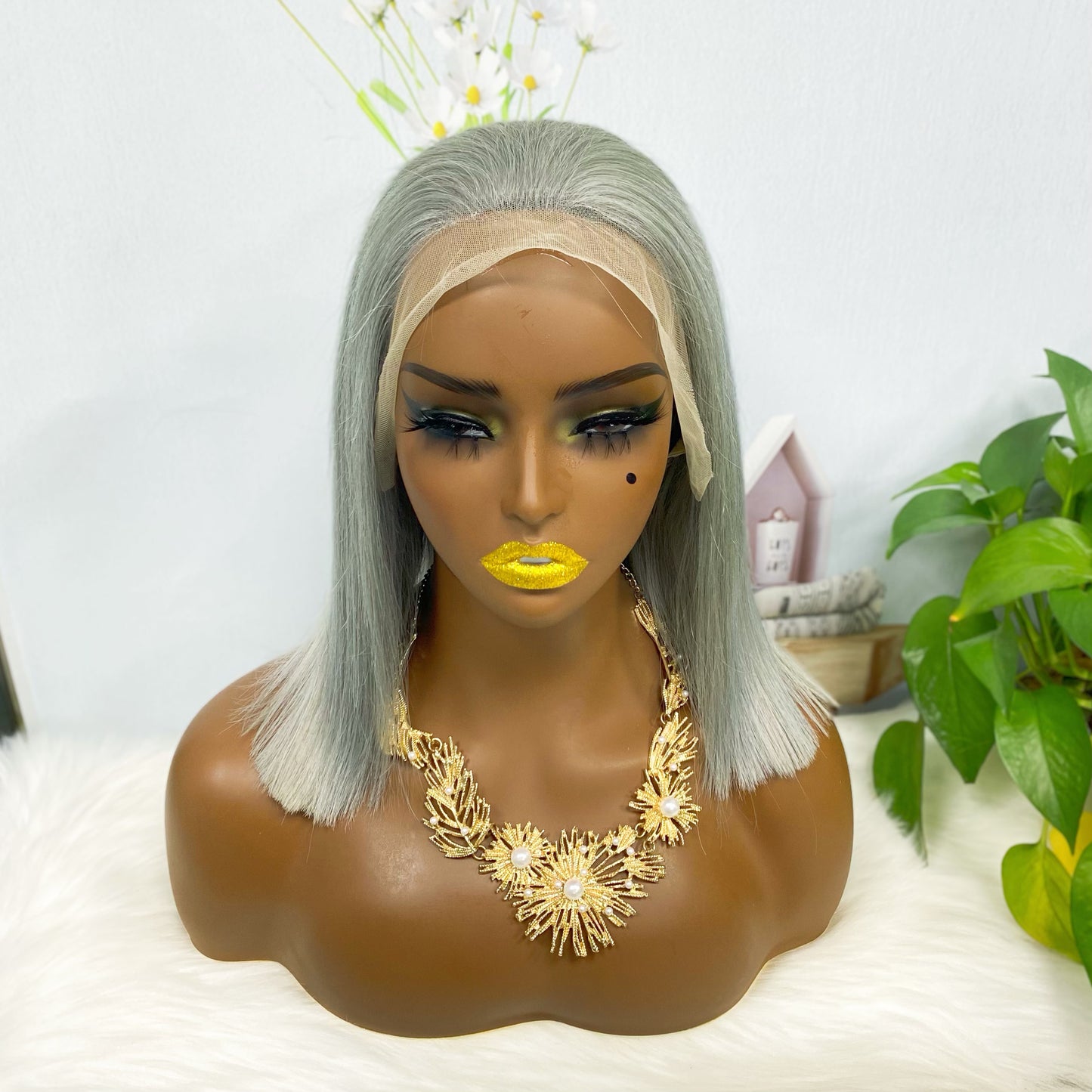 13*4 BoB Wig Perruques droites Couleur Gris Densité 200%