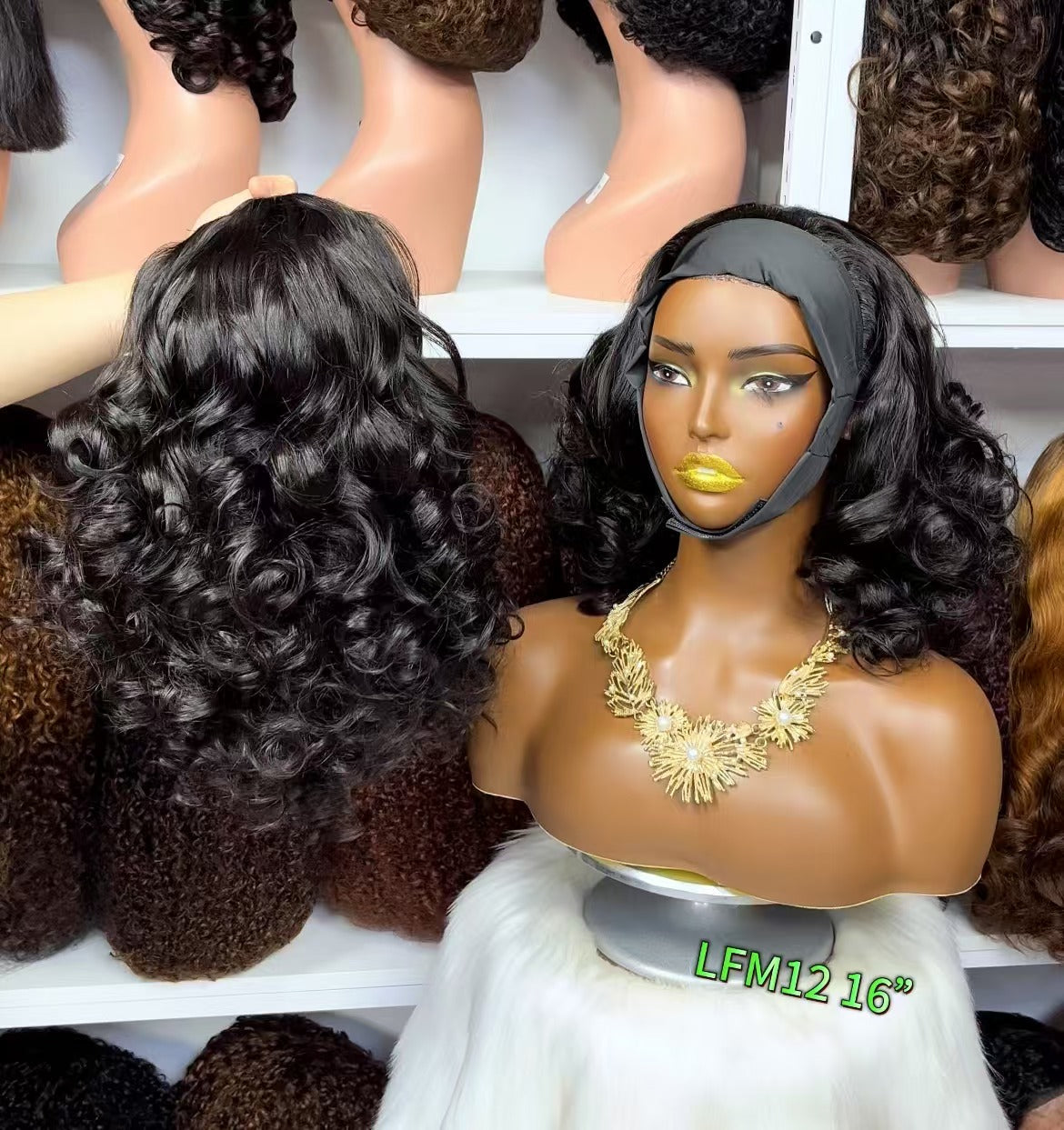 Double Drawn Headbands Wig Curly Human Hair Wigs Natural Color 300% Density 12"