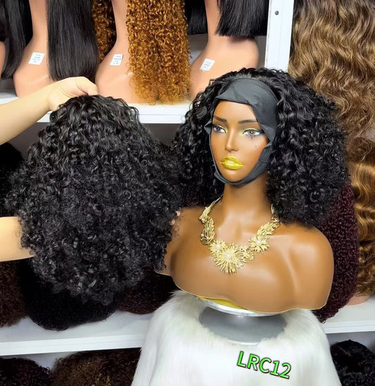 Double Drawn Headbands Wig Curly Human Hair Wigs Natural Color 300% Density 12"