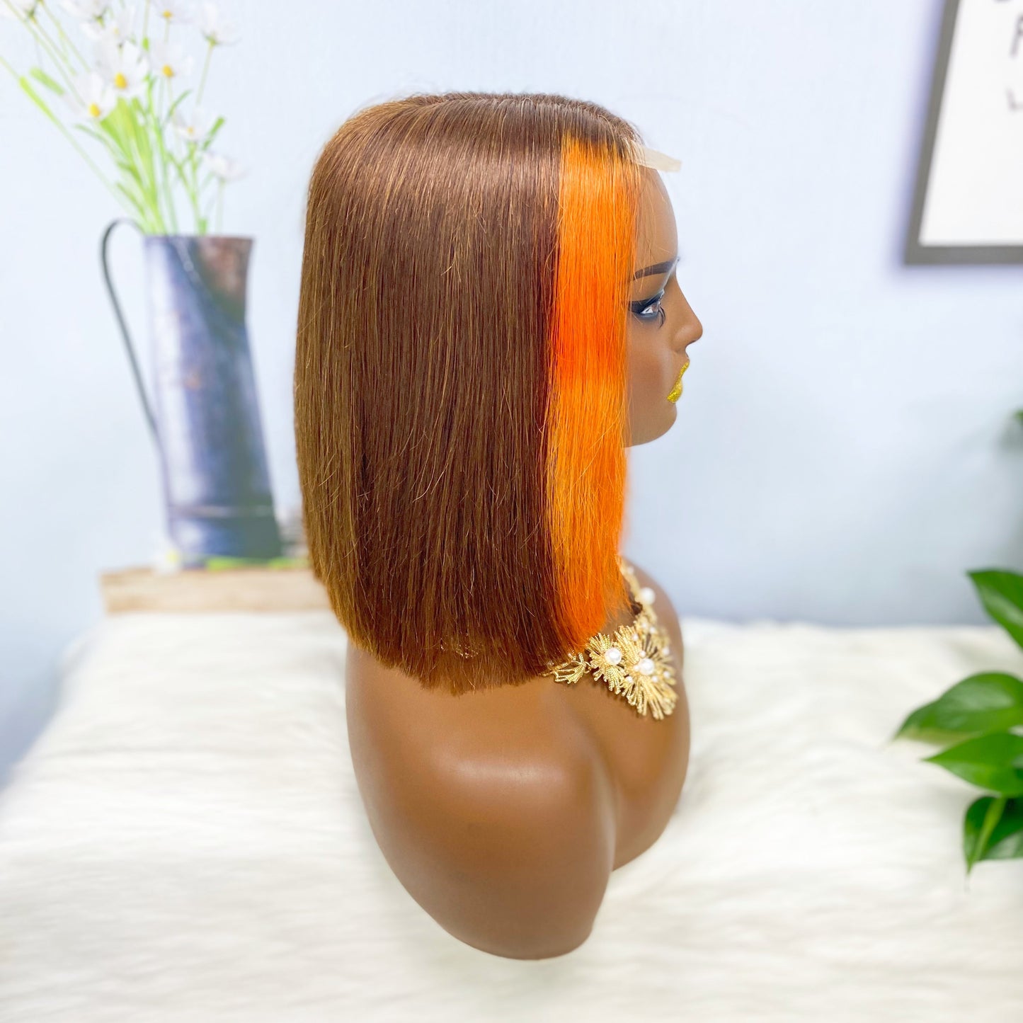 Perruque Bob Lace Wig naturelle lisse, Double tirage, 2x6, couleur M4/350 #, densité 200%