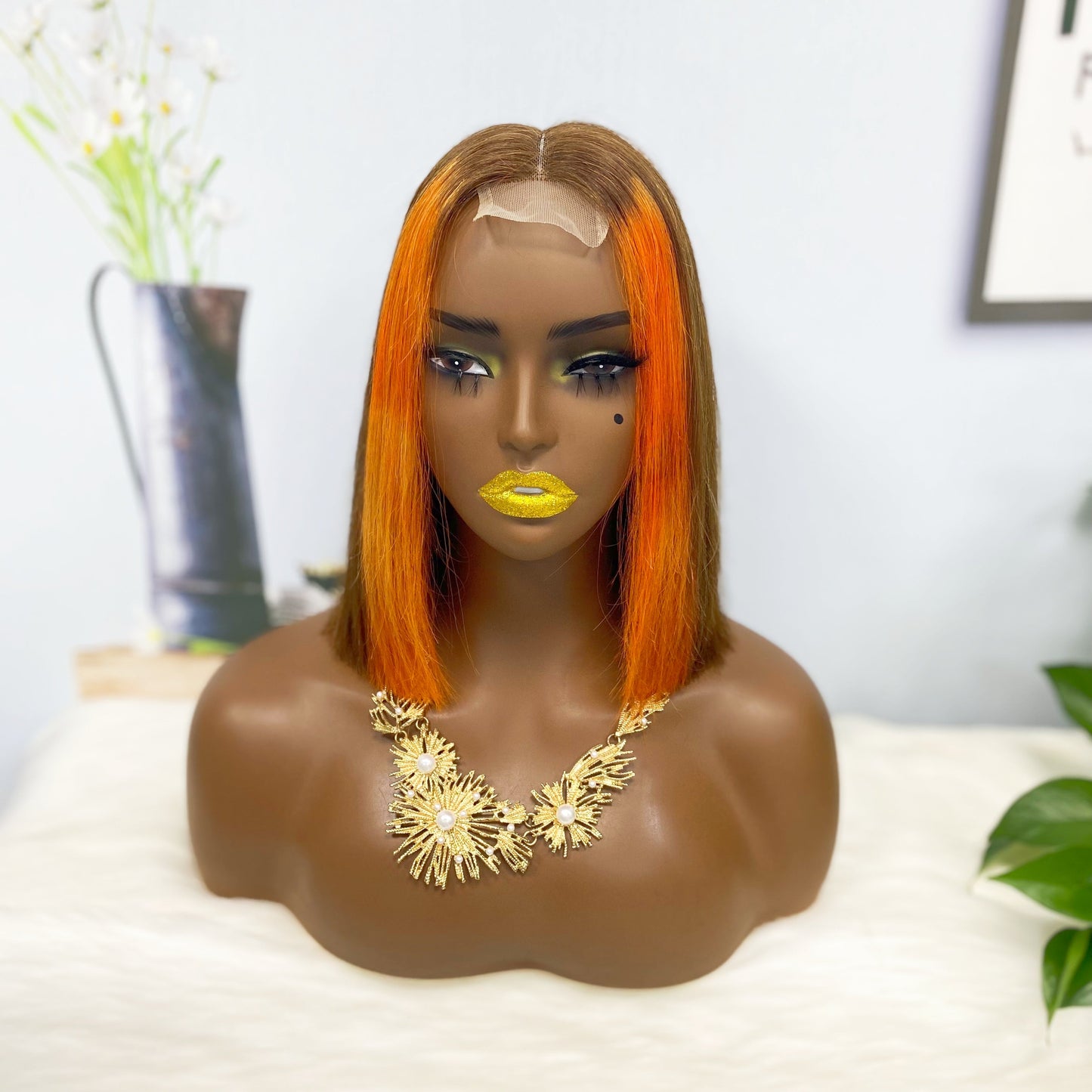 Perruque Bob Lace Wig naturelle lisse, Double tirage, 2x6, couleur M4/350 #, densité 200%