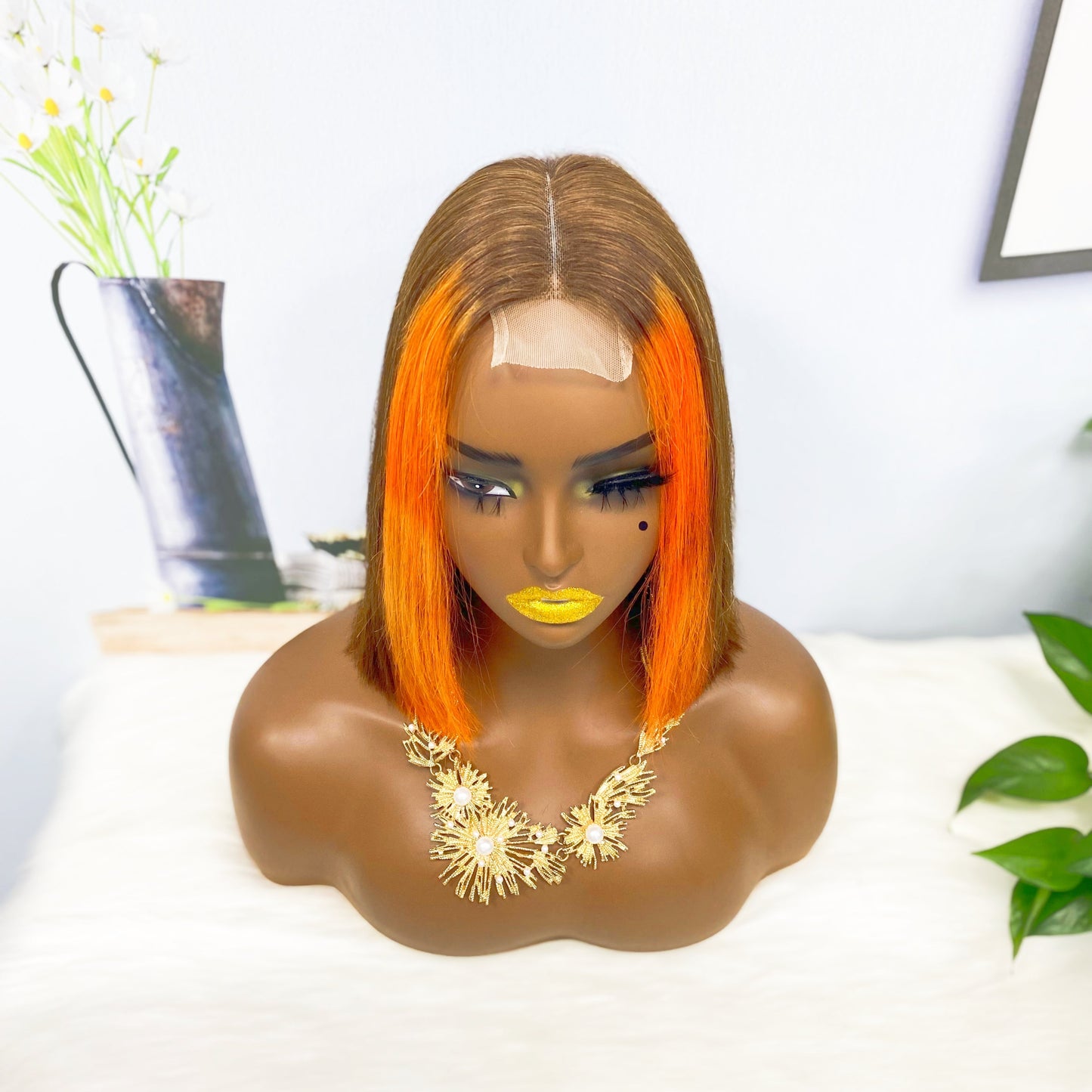 Perruque Bob Lace Wig naturelle lisse, Double tirage, 2x6, couleur M4/350 #, densité 200%