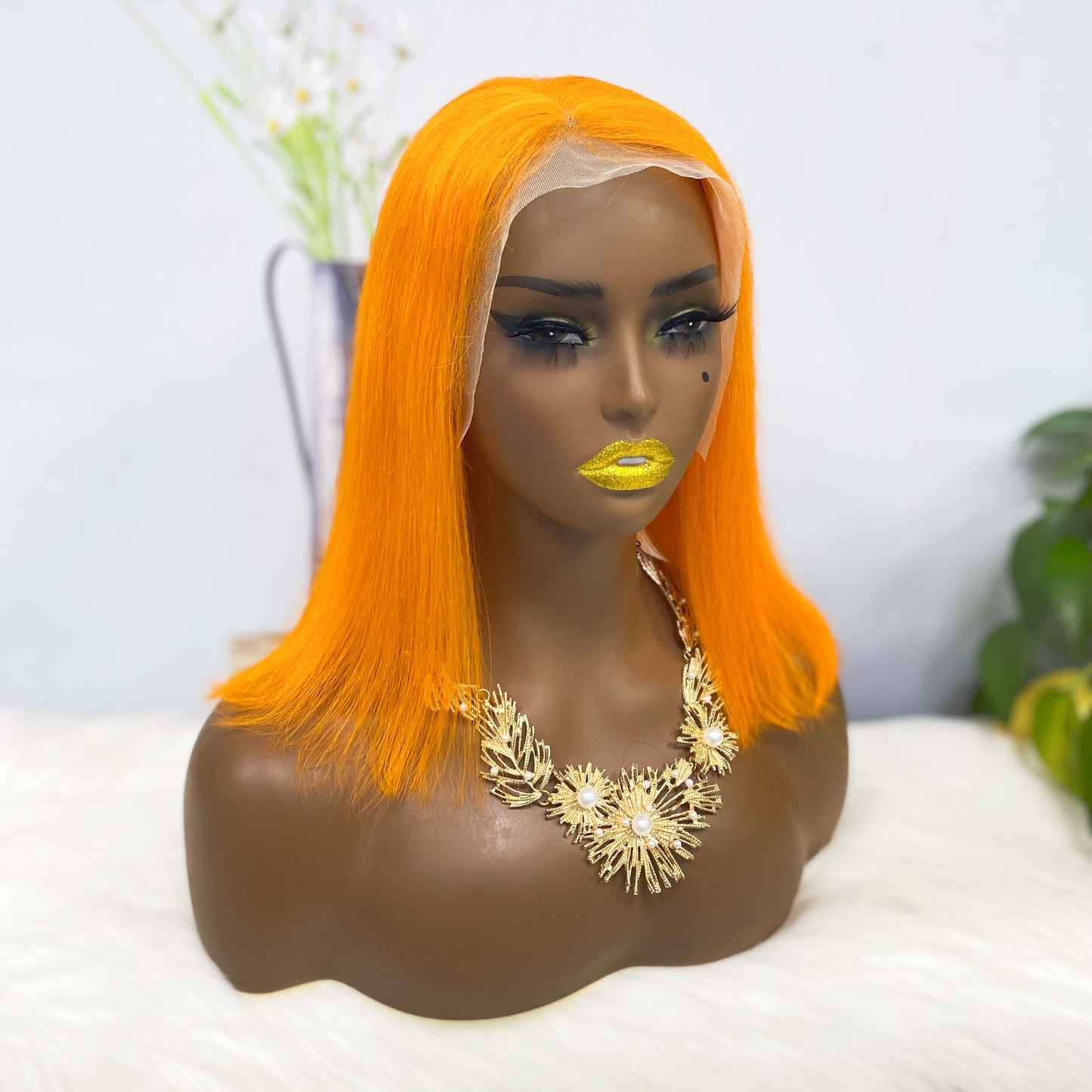 13*4 BoB Wig Perruques droites Couleur Orange Densité 200%