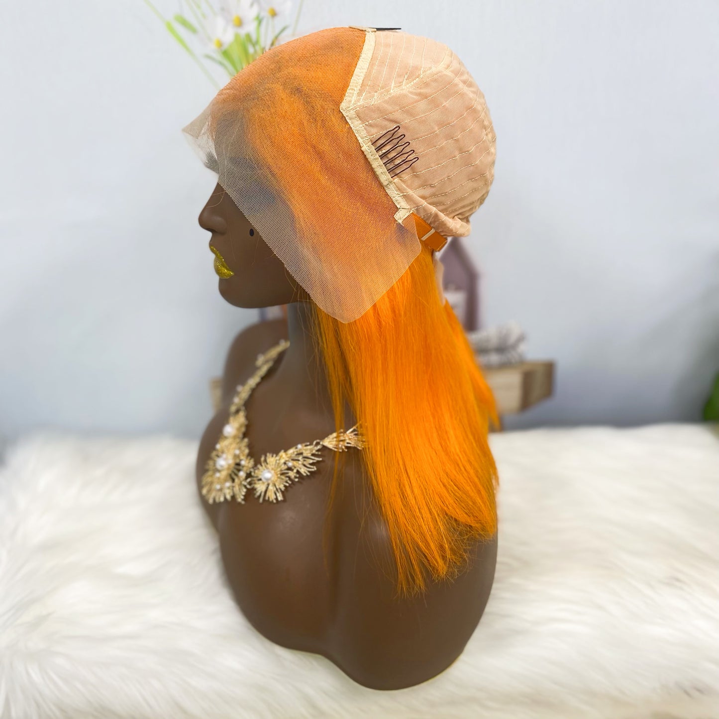 13*4 BoB Wig Perruques droites Couleur Orange Densité 200%
