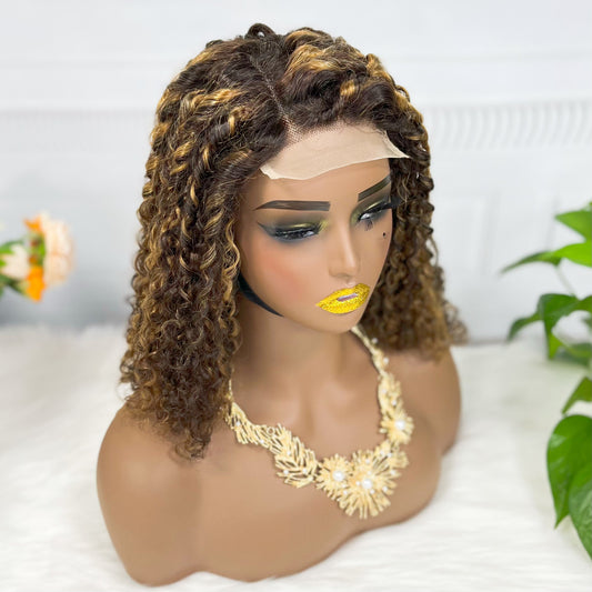 Double Drawn 4*4 BOB Lace Wig Pissy Curl Natural Virgin Human Hair Lace Wigs Color P4/27