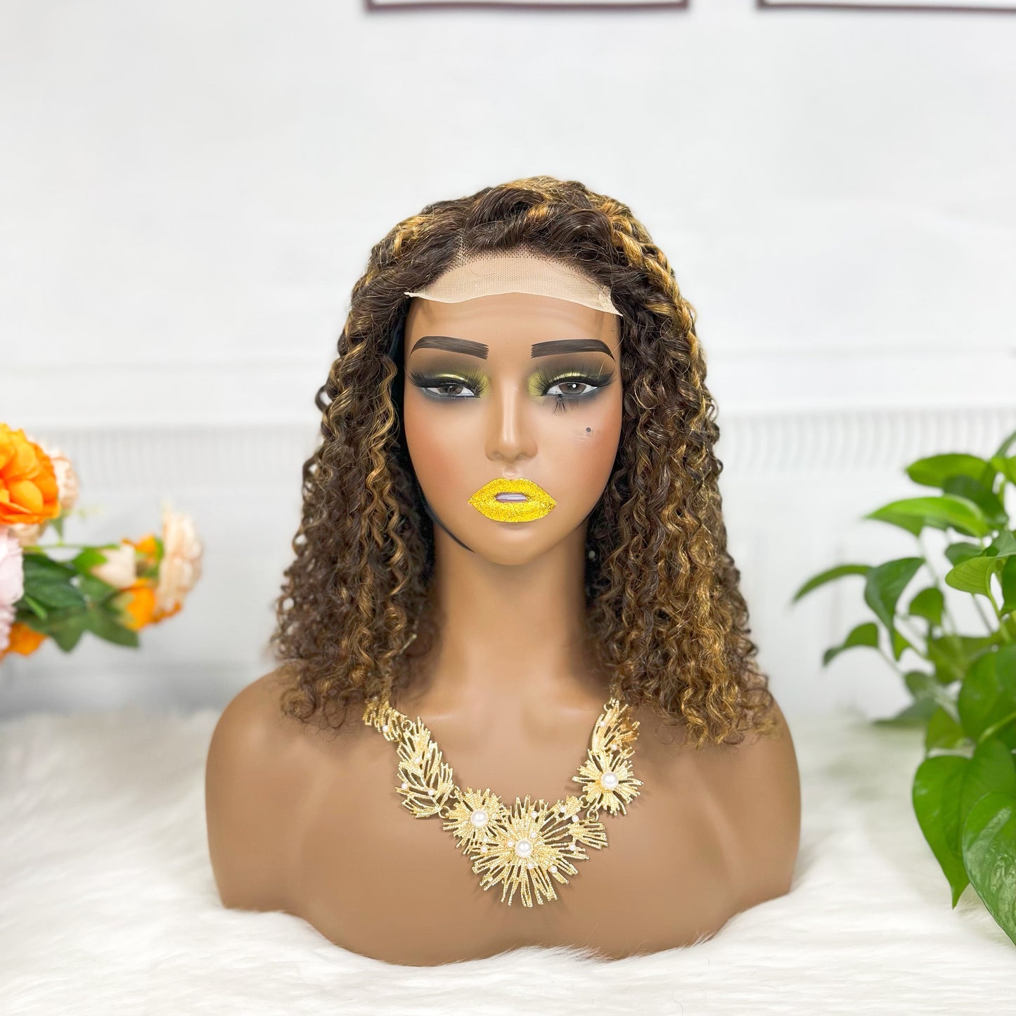 Double Drawn 4*4 BOB Lace Wig Pissy Curl Natural Virgin Human Hair Lace Wigs Color P4/27