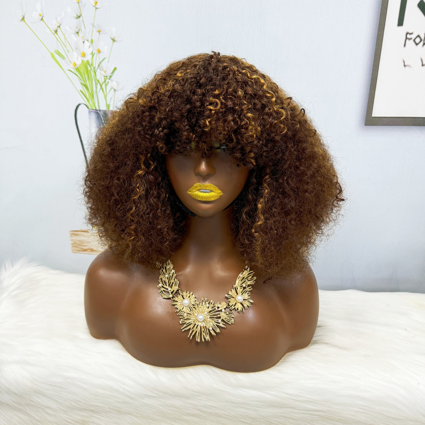 Fringe Double Drawn Wig Human Hair Pixie Curl Wigs 300% Density 12inches Color P4/30#