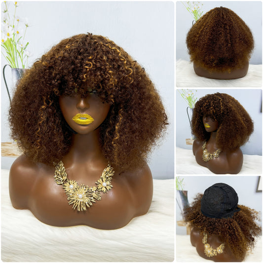 Fringe Double Drawn Wig Human Hair Pixie Curl Wigs 300% Density 12inches Color P4/30#