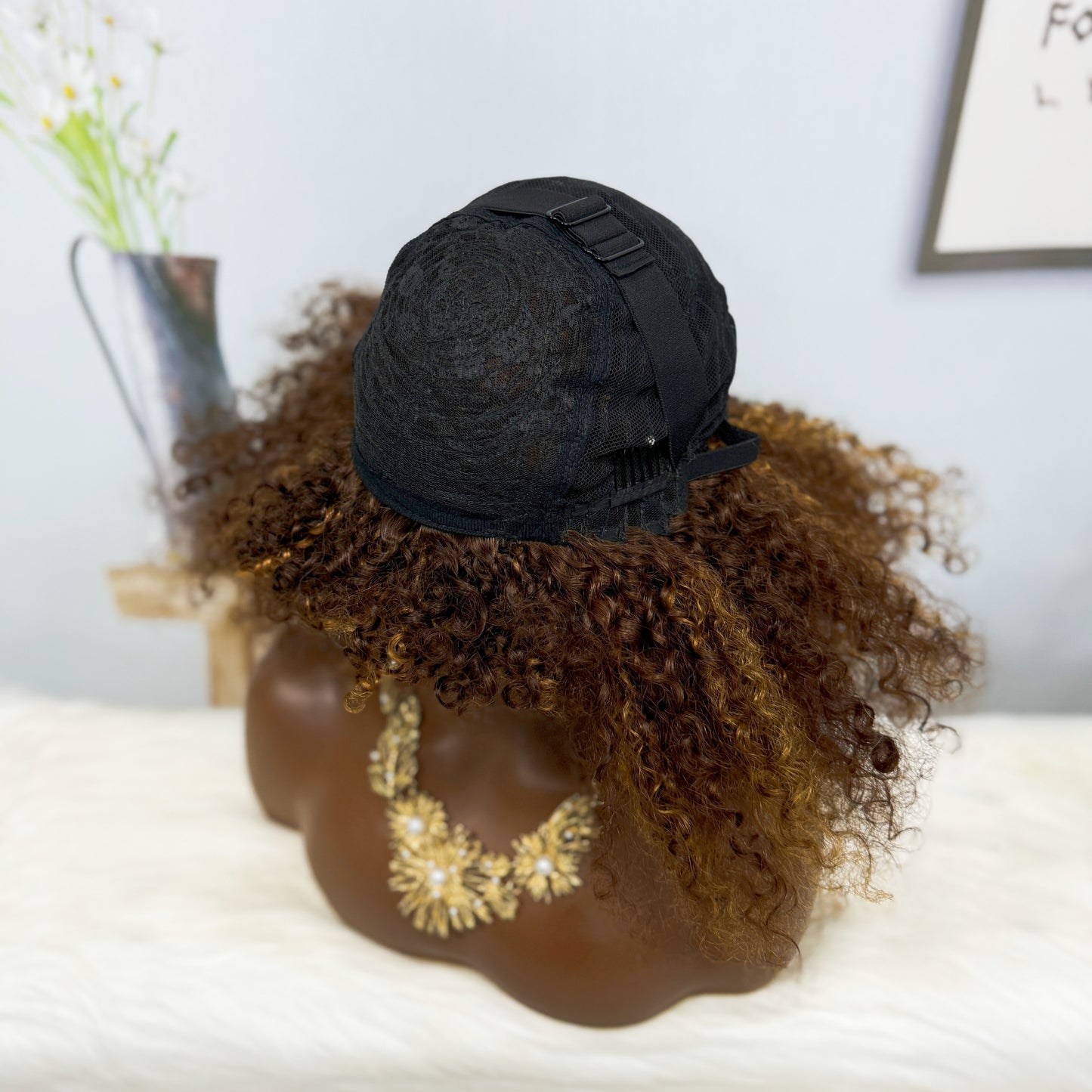 Fringe Double Drawn Wig Human Hair Pixie Curl Wigs 300% Density 12inches Color P4/30#