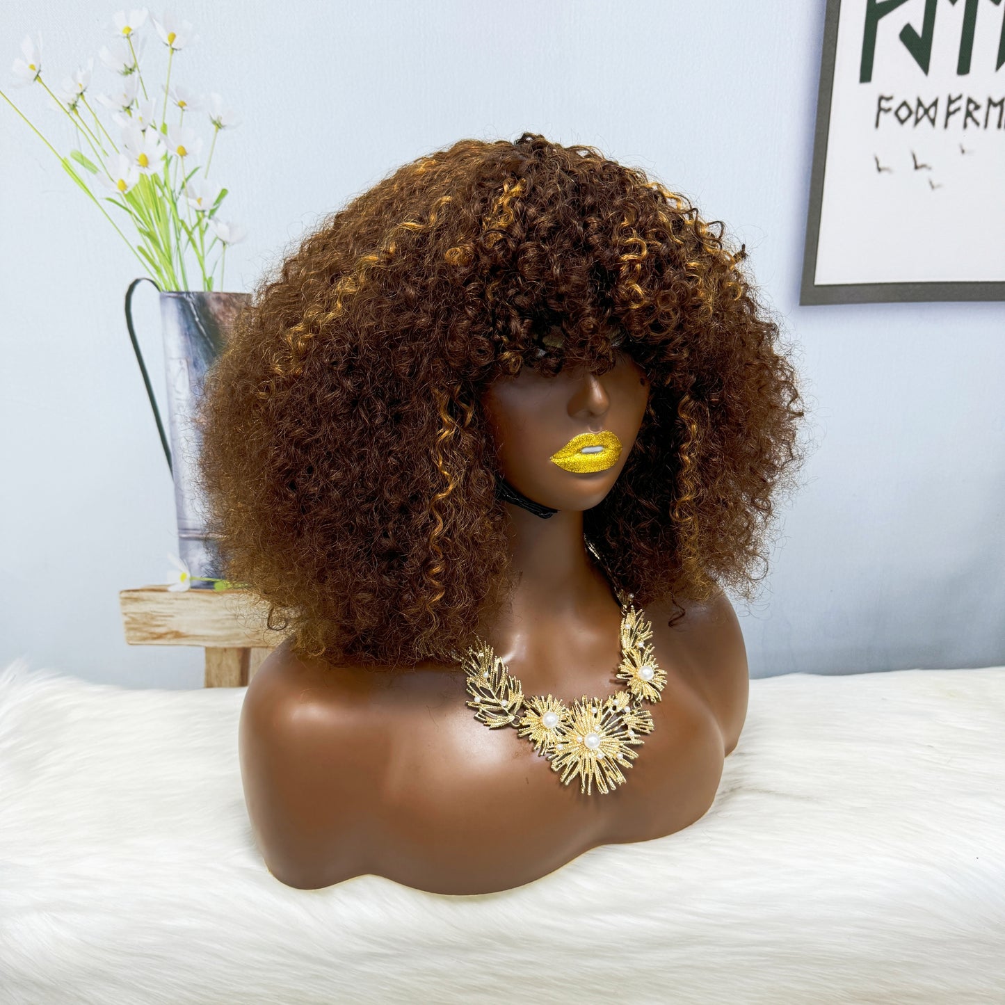 Fringe Double Drawn Wig Human Hair Pixie Curl Wigs 300% Density 12inches Color P4/30#