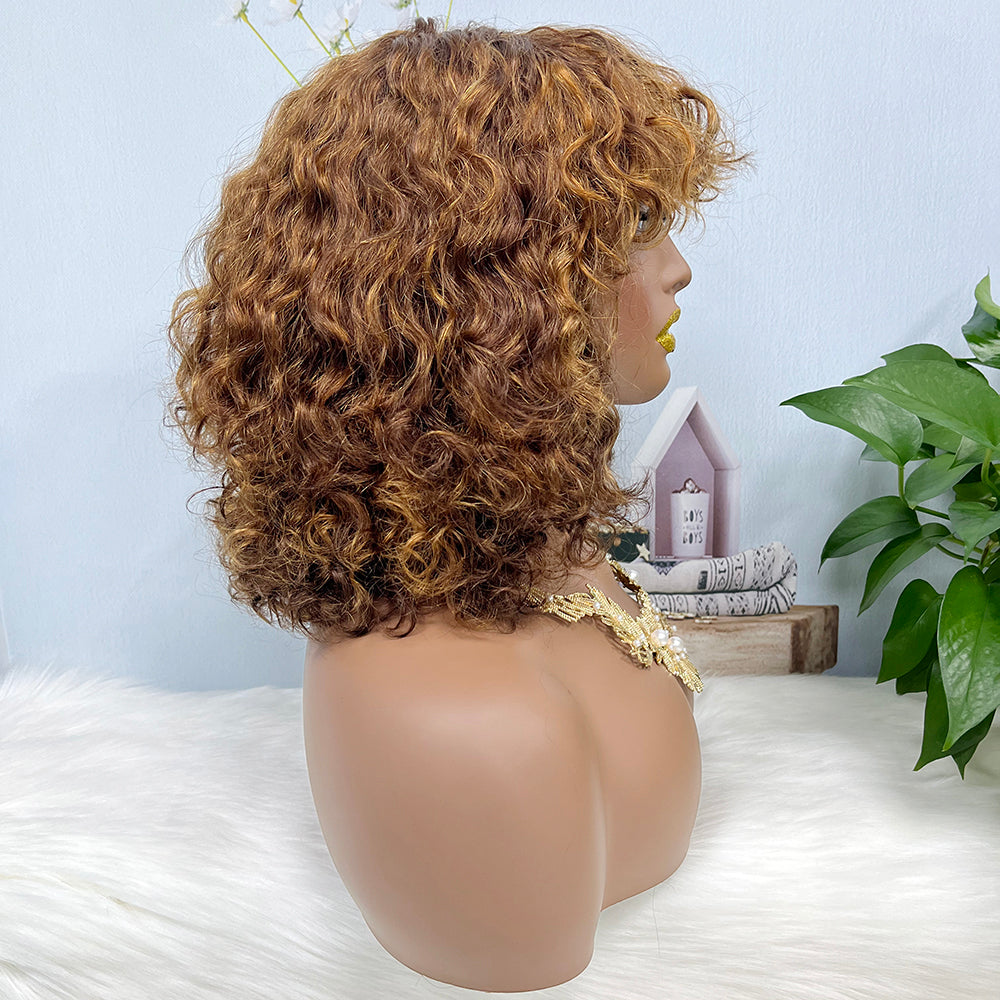 Fringe Double Drawn Wig Water Wave Machine Human Hair Wigs Piano Color P4/27
