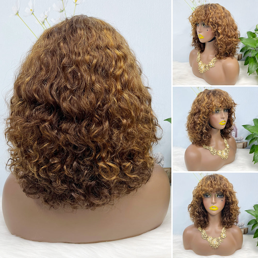 Fringe Double Drawn Wig Water Wave Machine Human Hair Wigs Wine Color 99J