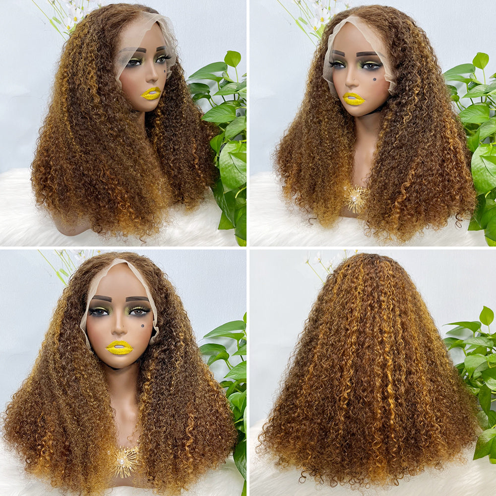 Double Drawn 13*4 Lace Wig Kinky Curl Lace Wig Color 99J 300% Density