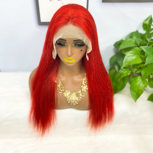 13*4 Lace Wig Straight Natural Virgin Human Hair Lace Wigs Color Red 300% Density