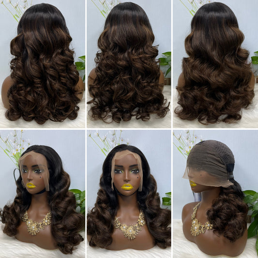 Double Drawn 13*4 GluelessLace Wig Romance Curl Natural Human Hair Lace Wigs Ombre Color T1B/4 20"