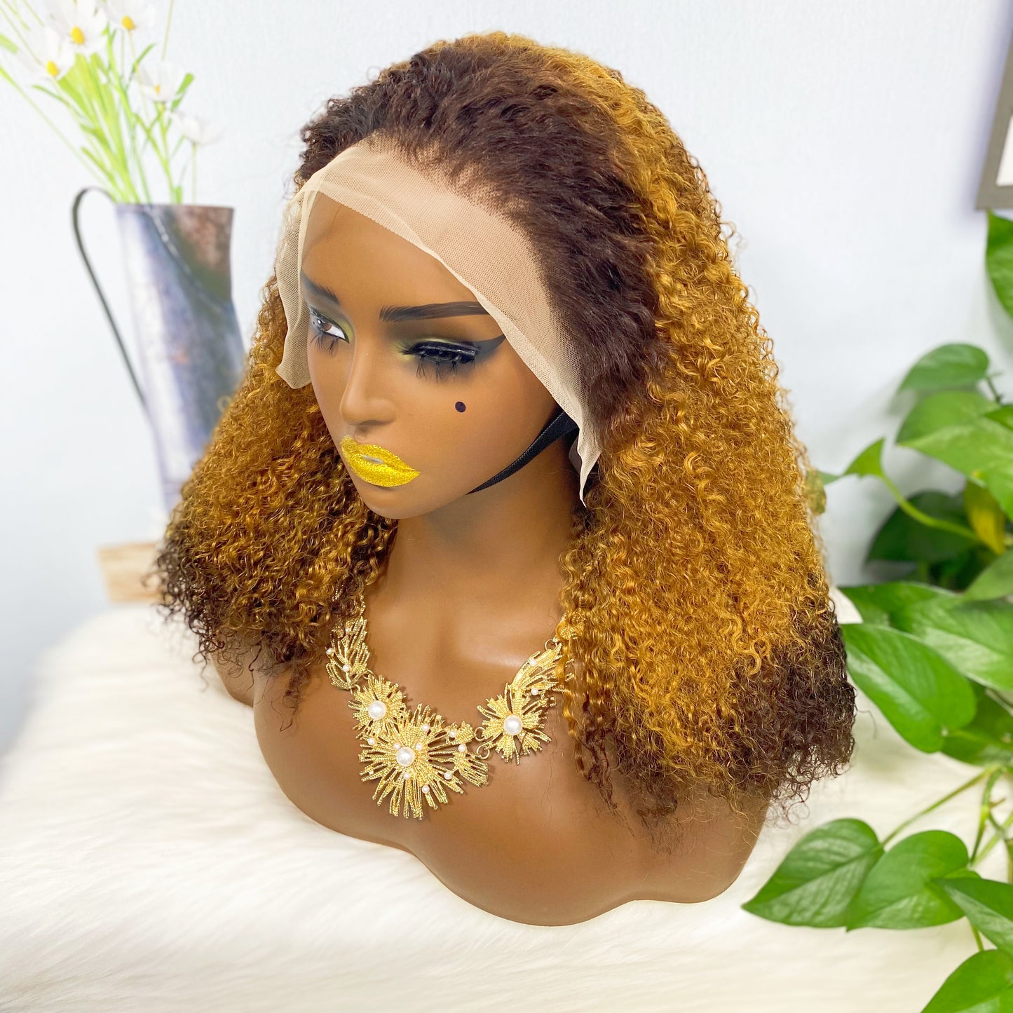 Double Drawn 13*4 Lace Wig Kinky Curl Lace Wig Color T4/30/4# 300% Density