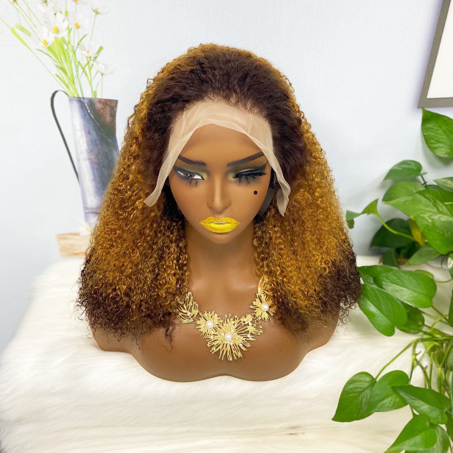 Double Drawn 13*4 Lace Wig Kinky Curl Lace Wig Color T4/30/4# 300% Density