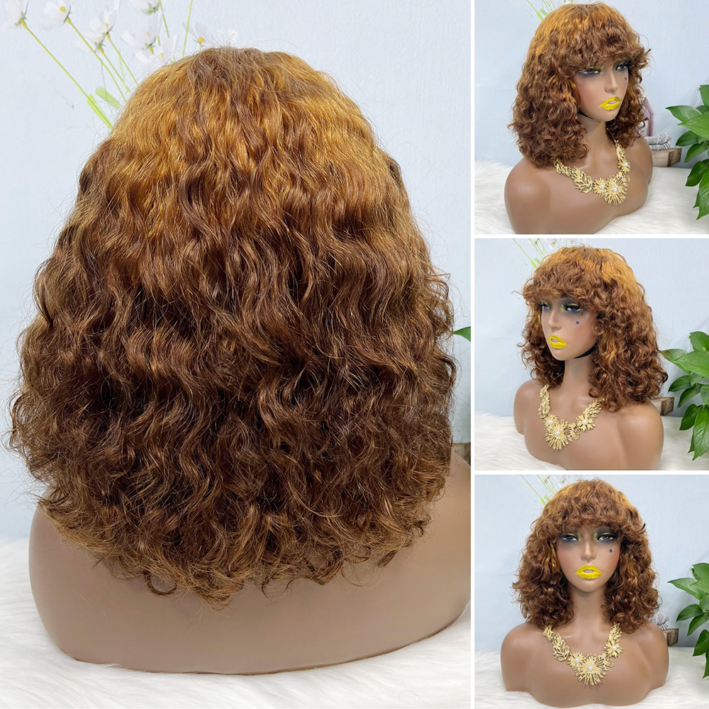 Perruque DD avec frange, cheveux humains ondulés, couleur T30/4 #