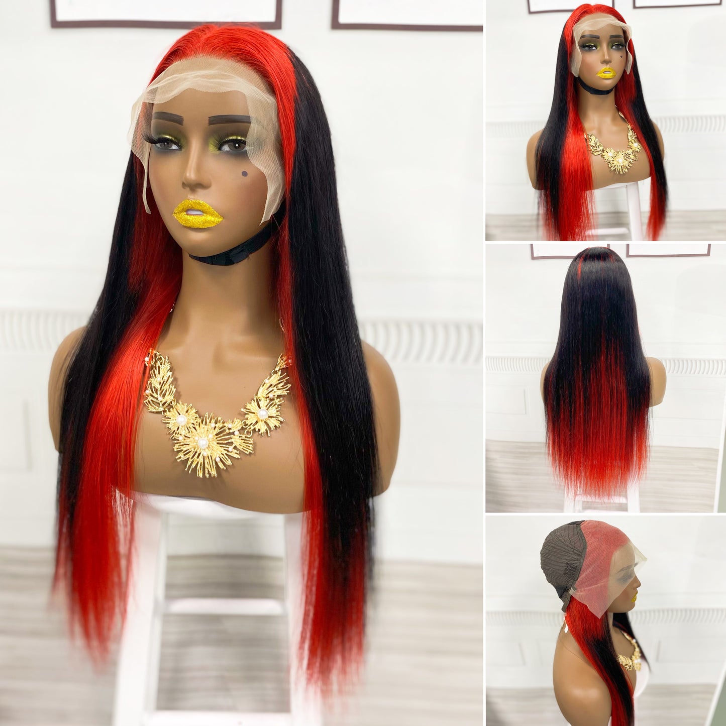 Perruque Lace Wig naturelle lisse 13*4, cheveux humains, couleur rouge/1B/rouge, densité 250%