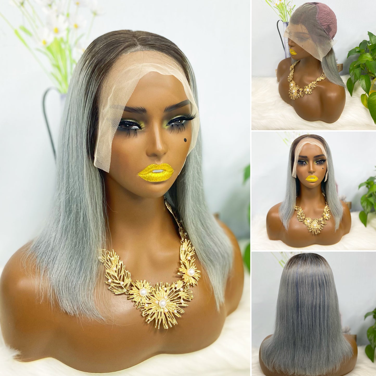 13*4 BoB Wig Straight Wigs Color T1B/Grey 200% Density