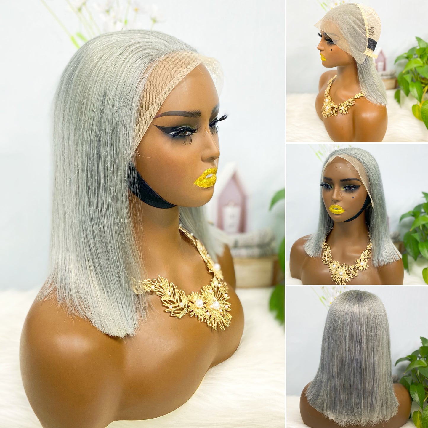 13*4 BoB Wig Perruques droites Couleur Gris Densité 200%