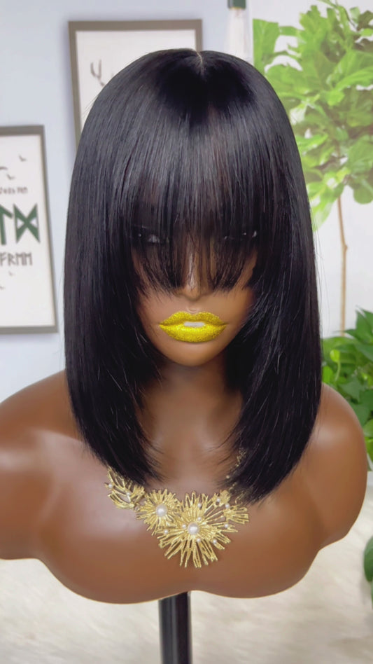 Double Drawn Vietnamese Hair Bone Straight Fringe 2x6 Bob Wig 300% Density Natural Human Hair Wigs