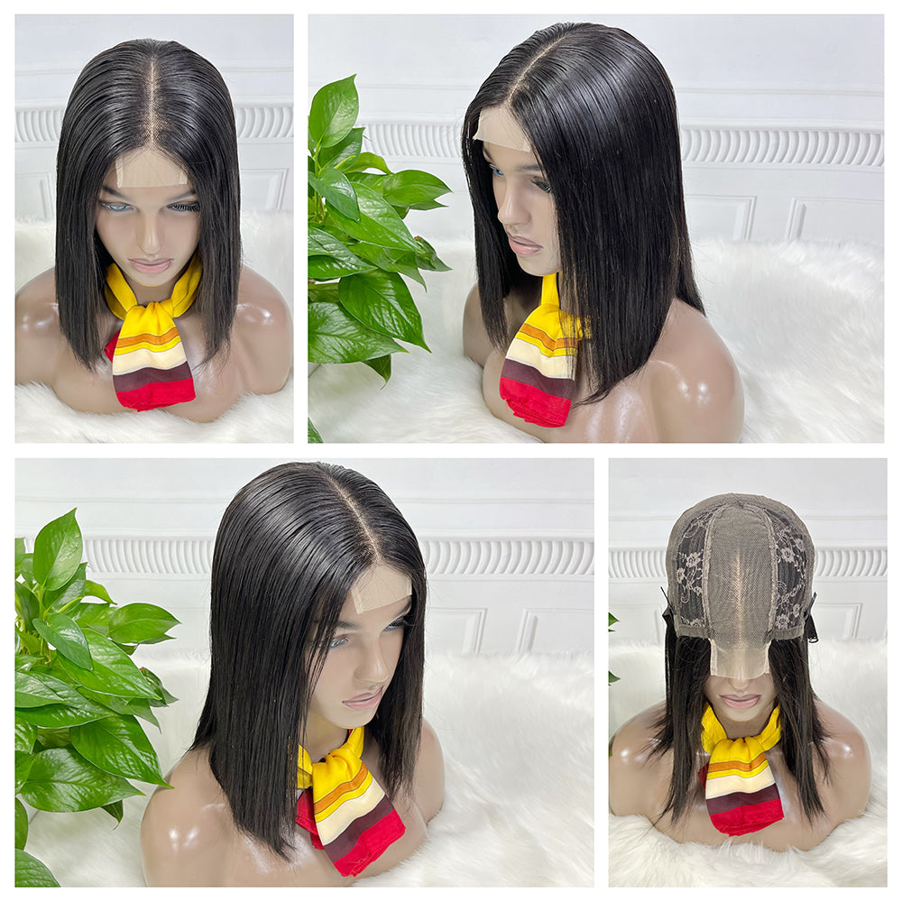 Double Drawn Bone Straight 2*6 Lace Bob Wig Virgin Human Hair Wigs Natural Color