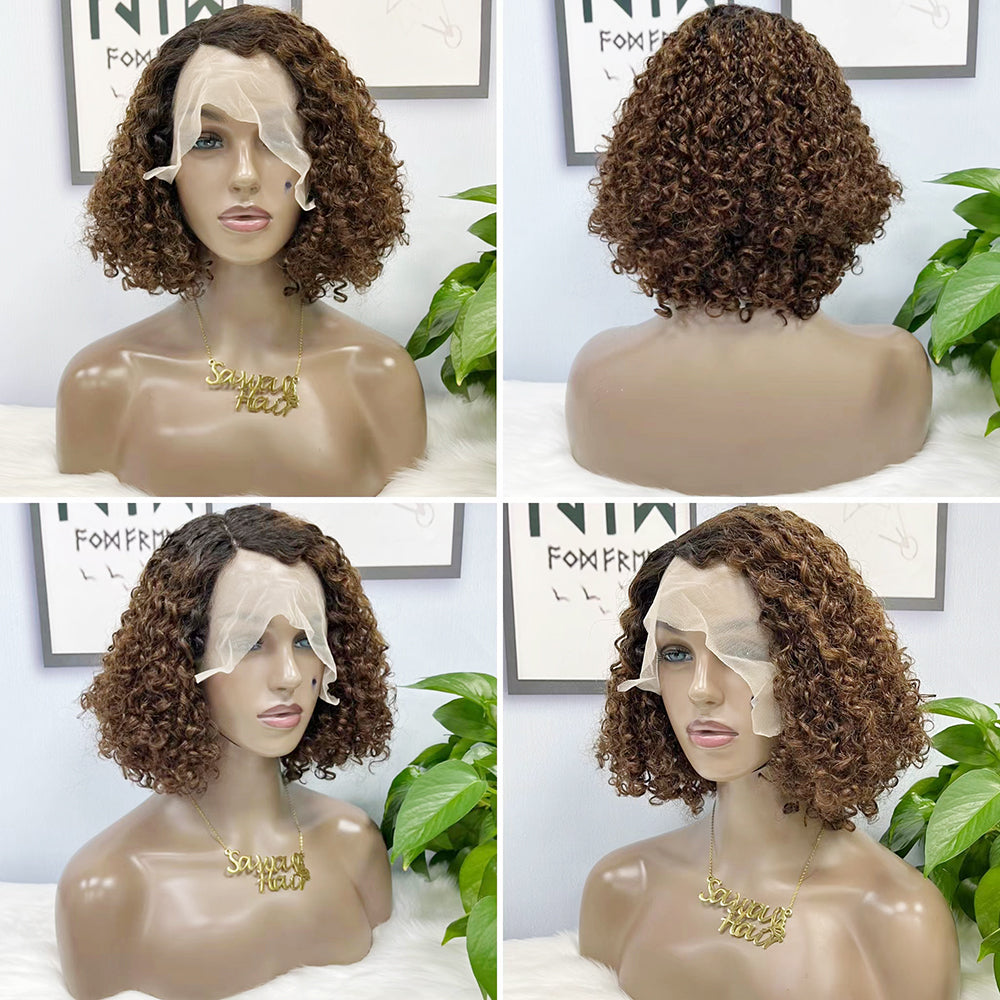 DD T Lace Wig Pixie Curl Natural Human Hair Lace Wigs 14 inch P4/27