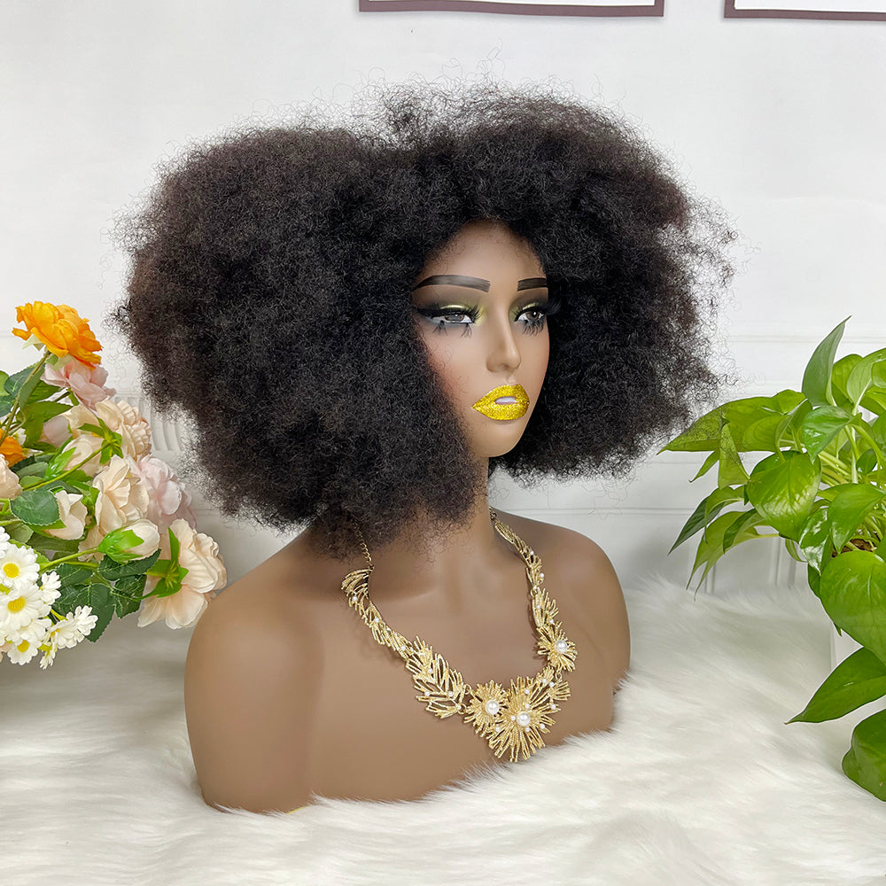 Afro Kinky Curl Brésilien Vierge Cheveux Humains Afvo Perruque Avec Frange Machine Perruque 14" Couleur Naturelle