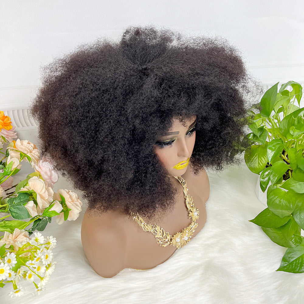 Afro Kinky Curl Brésilien Vierge Cheveux Humains Afvo Perruque Avec Frange Machine Perruque 14" Couleur Naturelle