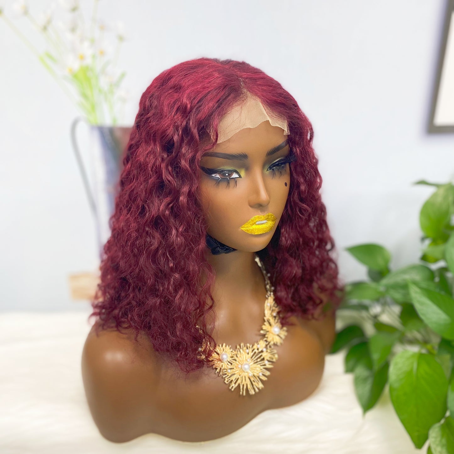 DD 4*4 Bob Lace Wig Water Wave Color 99J Natural Human Hair Lace Wigs 14 inch