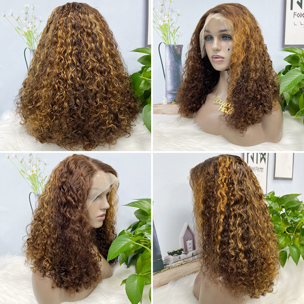 Double Drawn 13*4 Wig Pissy Curl Natural Human Hair Lace Wig Color NC 250% Density