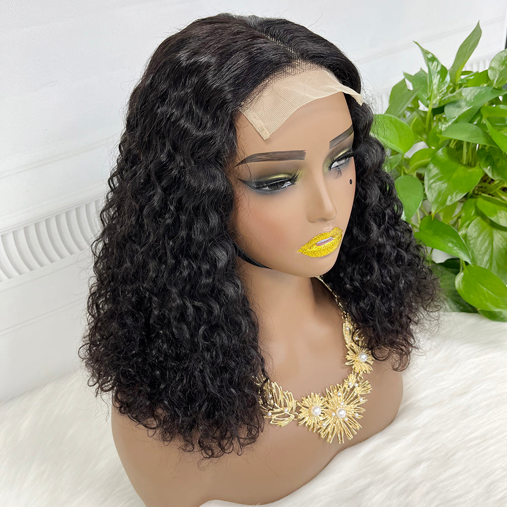 4*4 Lace Wig Water Wave Natural Human Hair Lace Wigs Black Color 14 inch 250% Density