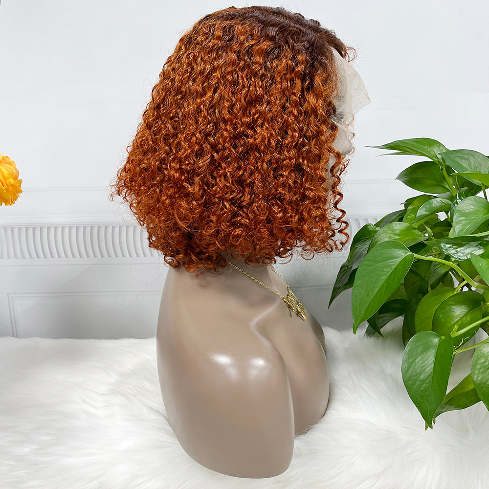 DD T Lace Wig Pixie Curl perruques de cheveux humains naturels 14 pouces couleur T4/350