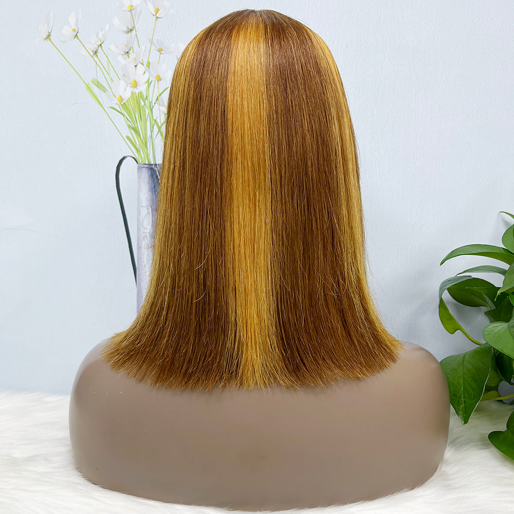 DD Wig Bangs Machine Human Hair Wig Straight Highlight Color P4/27 12inch