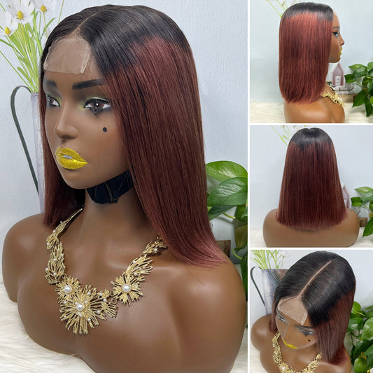 Super Double Drawn 2*6 Lace Bob Wig Human Hair Lace Wig Color T1B/33# Straight