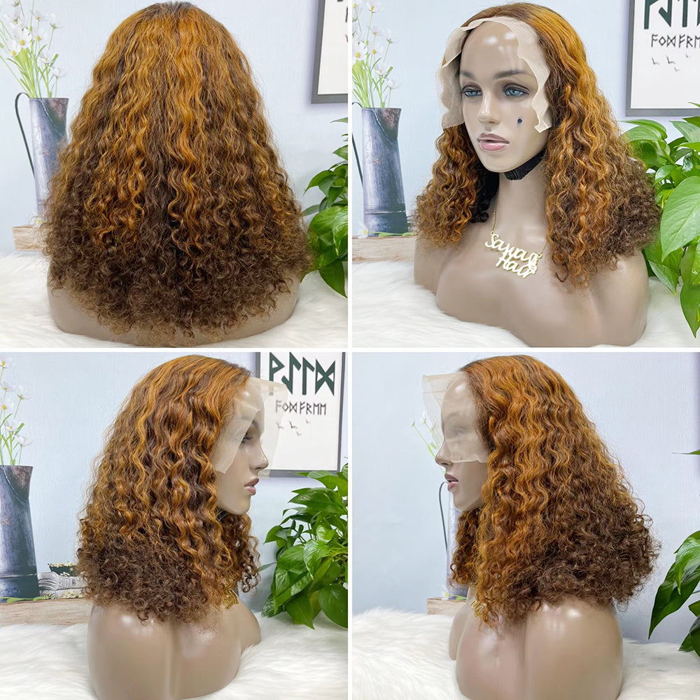 Double Drawn 13*4 Lace Wig Pissy Curly Natural Human Hair Lace Wigs Color T4/30/4# 250% Density